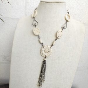Vintage Hand Made Engraved Bone Necklace , Amazing Details 20"
