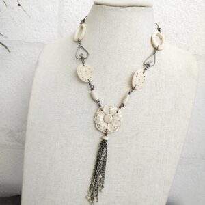 Vintage Hand Made Engraved Bone Necklace , Amazing Details 20"