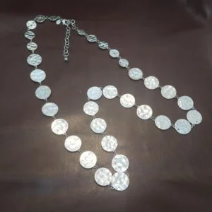 Chicos Necklace Silver Tone Hammered Metal Round Disc Long Length Costume 34"