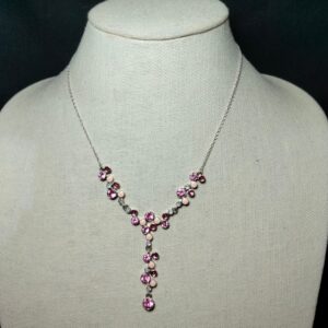 beautiful sparkling pink and clear silver plated necklace 13in