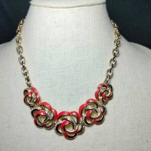 Pappagallo Salmon Color Rosette Rhinestones Stations Gold Tone Necklace