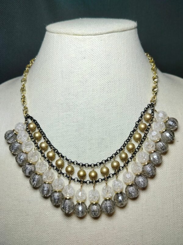 New York & Co. Sparkly Gray Clear Dangle Bead Bib Princess Necklace Gold Tone
