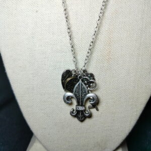 Fleur De Lys  Lily, heart, flower, key pendants signed aea silver tone necklace