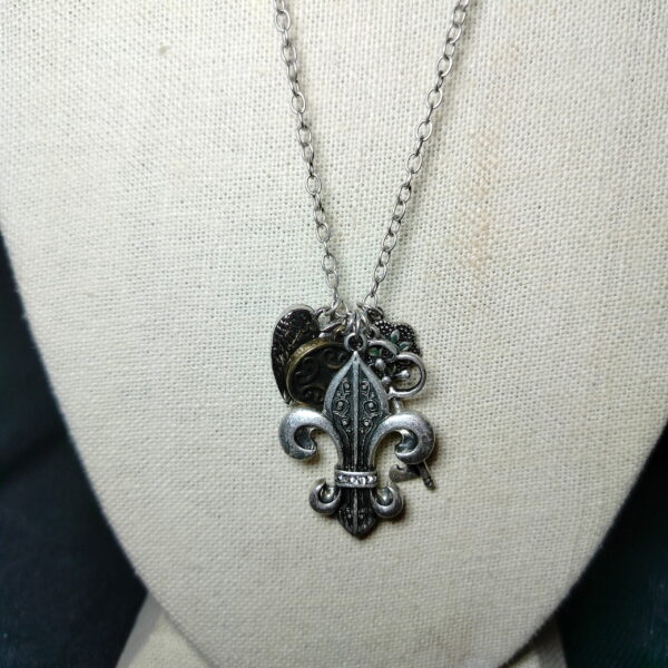 Fleur De Lys  Lily, heart, flower, key pendants signed aea silver tone necklace
