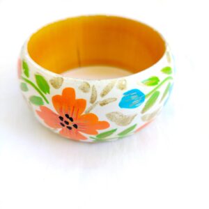 Vintage Statement BOHO orange and blue painted wood domed bangle bracelet with flowers and leaves