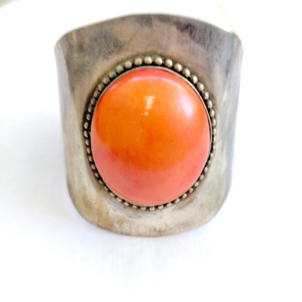 Vintage Native American silver tone and coral cuff bracelet - Image 2