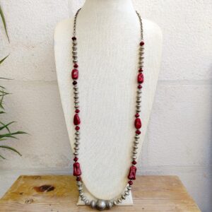 Vintage Estate Silver tone Hand Carved Large Red glass Beads Necklace