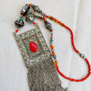 Antique Tibetan Silver tone Pendent Necklace With Mix Natural Turquoise/Coral Stone Beads, Tibetan Jewelry Necklace