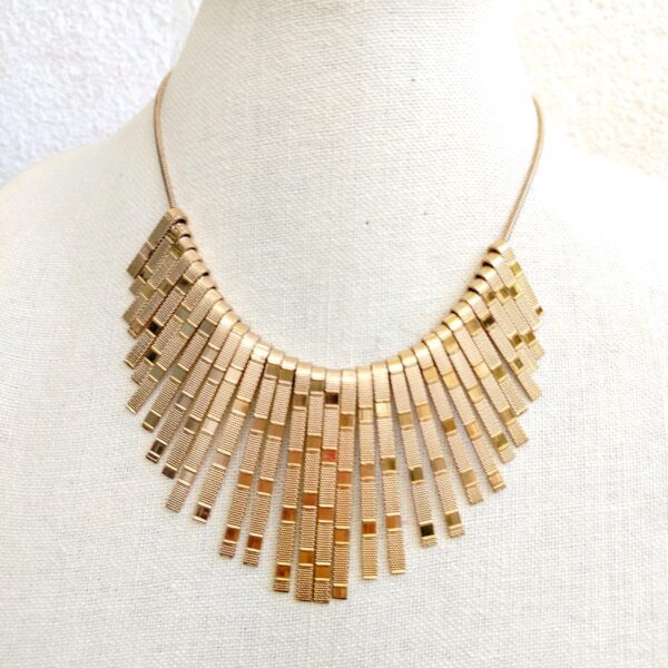 Gold tone Metal Bib Choker Necklace Cleopatra Stick Fashion Statement Texture Jewelry - Image 2
