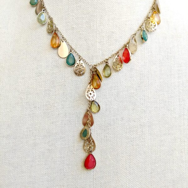 Elegant multi color teardrop gem stones gold tone necklace - Image 2