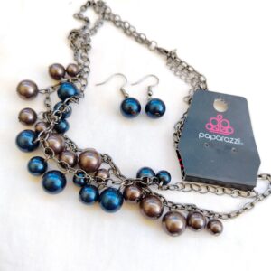 A set of Navy blue and bronze pearls Clusters  multi layers necklace and a pair of earrings Paparazzi