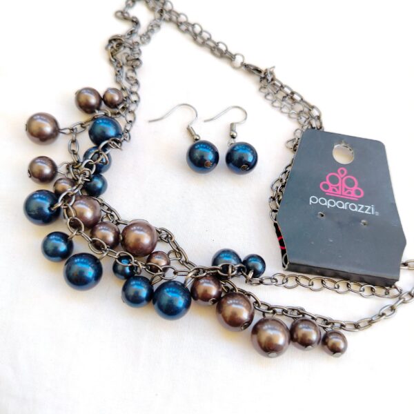 A set of Navy blue and bronze pearls Clusters  multi layers necklace and a pair of earrings Paparazzi - Image 3