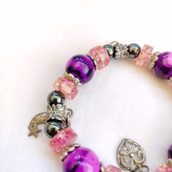 Beautiful handmade purple and silver charm elastic bracelet - Image 3