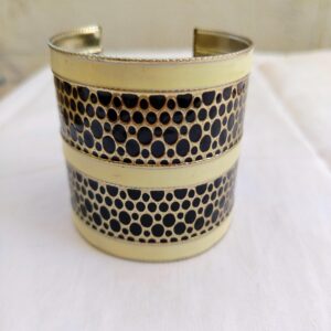Stunning Art Deco style wide enameled black and cream color vintage cuff bangle bracelet for a woman. Lovely vintage gift for her.