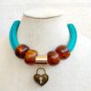 Stunning Signed Stradivarius amber tone bead heart charm chunky necklace