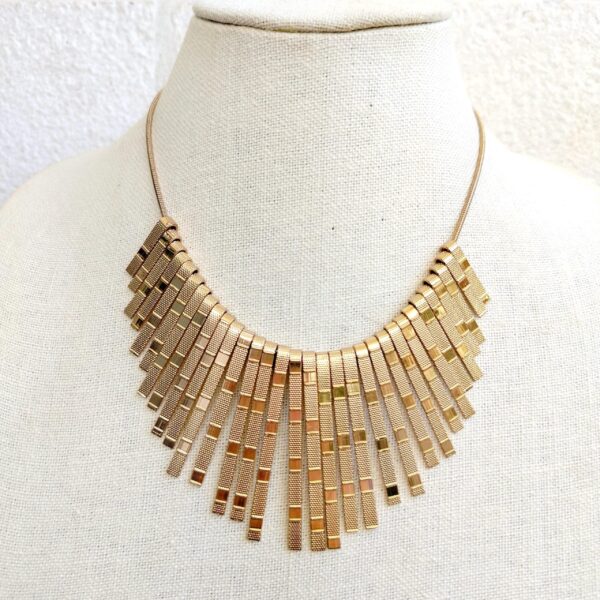Gold tone Metal Bib Choker Necklace Cleopatra Stick Fashion Statement Texture Jewelry