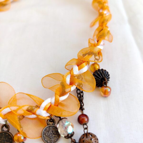 Pumpkin orange braided lace with brass tone charm chunky necklace - Image 5