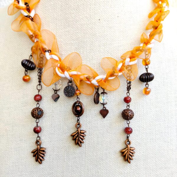 Pumpkin orange braided lace with brass tone charm chunky necklace - Image 3