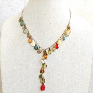 Elegant multi color teardrop gem stones gold tone necklace