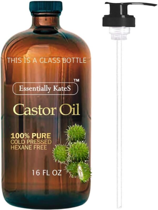 Essentially KateS Castor Oil 16 Fl Oz (Glass Bottle) - Original Unrefined - A Huge Glass Bottle with a Pump - 100% Pure and Natural, Cold Pressed, and Hexane-Free - Hair and Body  Beauty & Personal Care