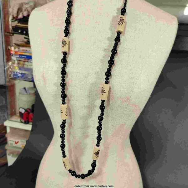 Vintage Long Beaded Necklace with Hand-Painted Bamboo Accents – Black & Beige