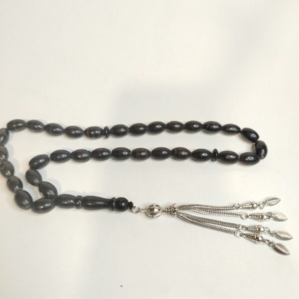 Natural Black Yusr Coral Prayer Beads – 33 Beads Misbaha with Silver color Tassel مسبحة يسر - مرجان طبيعي من النوادر - Image 6