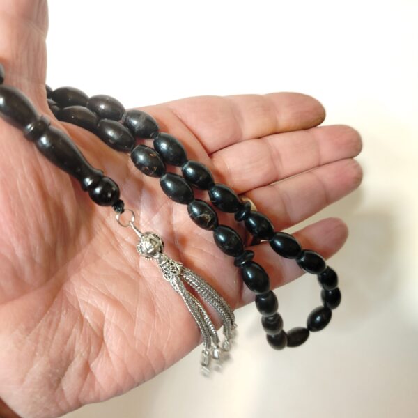 Natural Black Yusr Coral Prayer Beads – 33 Beads Misbaha with Silver color Tassel مسبحة يسر - مرجان طبيعي من النوادر