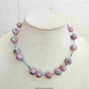 Hand-Painted Floral Ceramic Bead Necklace – Pink & Blue