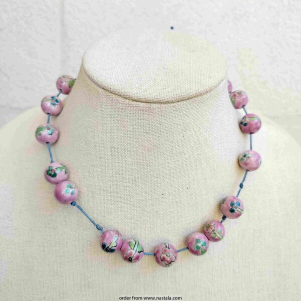 Hand-Painted Floral Ceramic Bead Necklace – Pink & Blue