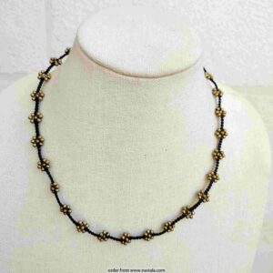Black Cord Necklace with Antique Gold Flower Beads