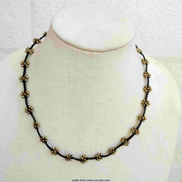 Black Cord Necklace with Antique Gold Flower Beads