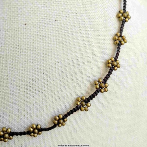 Black Cord Necklace with Antique Gold Flower Beads - Image 2
