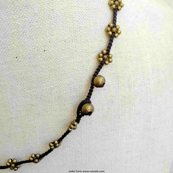 Black Cord Necklace with Antique Gold Flower Beads - Image 3