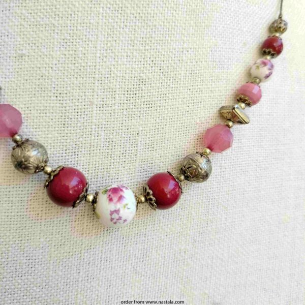 Vintage-Inspired Pink & Floral Beaded Necklace – Romantic Boho Jewelry - Image 2