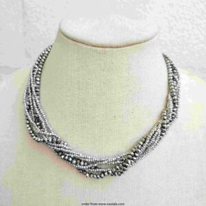 Multi-Strand Metallic Beaded Necklace – Silver Tone Statement Jewelry