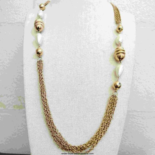 Vintage-Inspired Gold Chain Necklace with Textured Beads and Faux Pearls