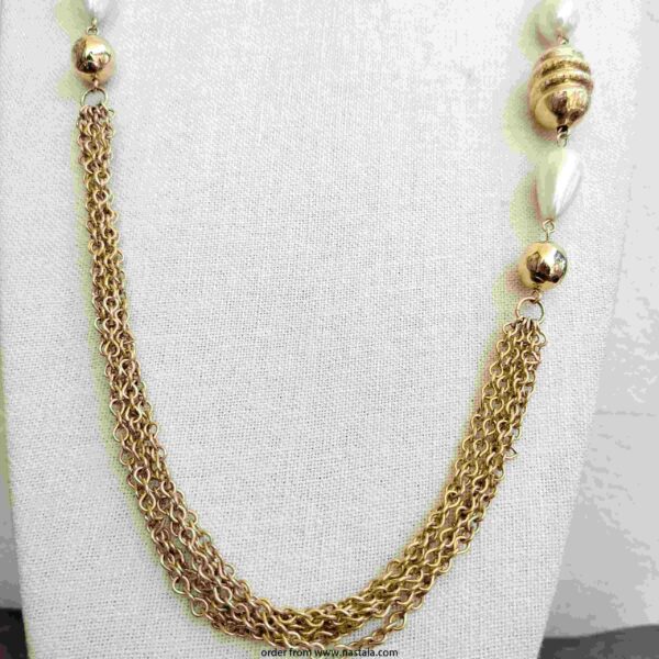 Vintage-Inspired Gold Chain Necklace with Textured Beads and Faux Pearls - Image 2