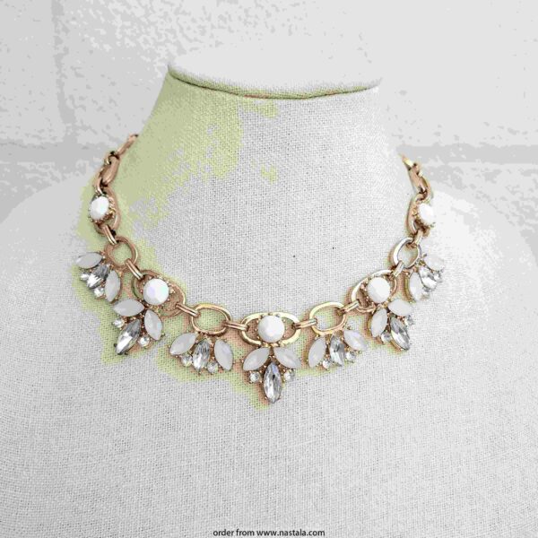 Floral Crystal Statement Necklace with White and Clear Gemstones