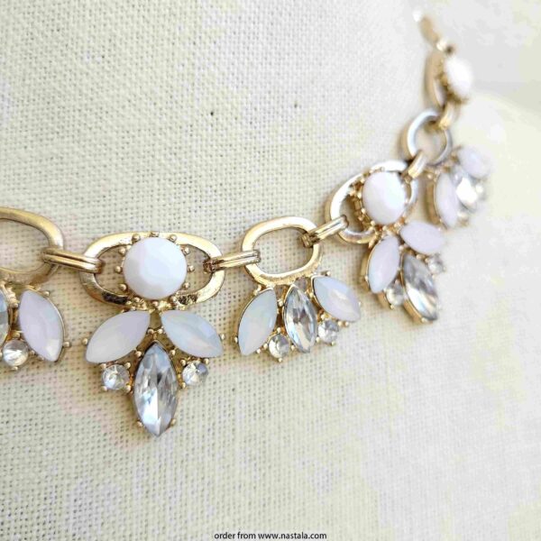 Floral Crystal Statement Necklace with White and Clear Gemstones - Image 2