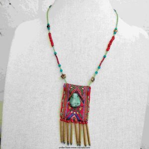 Boho Tribal Beaded Necklace with Turquoise Stone & Fringe