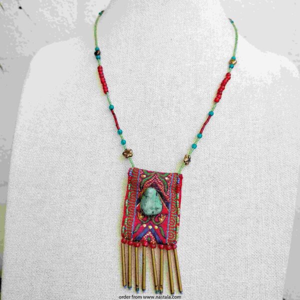 Boho Tribal Beaded Necklace with Turquoise Stone & Fringe