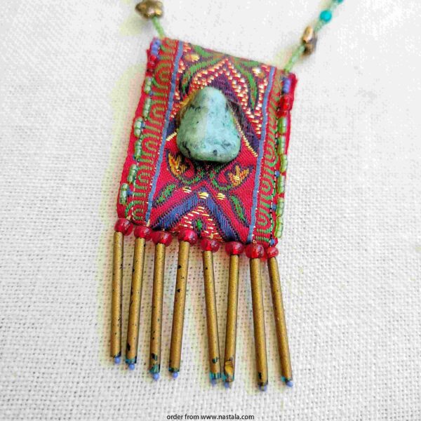 Boho Tribal Beaded Necklace with Turquoise Stone & Fringe - Image 3