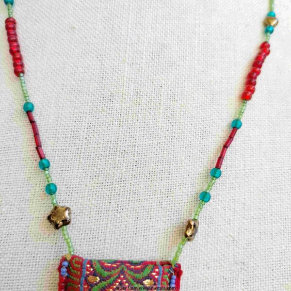 Boho Tribal Beaded Necklace with Turquoise Stone & Fringe - Image 2