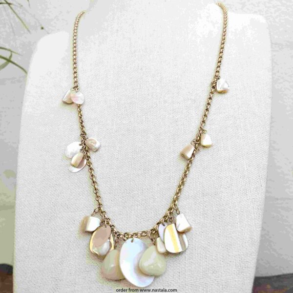 Vintage Mother of Pearl Shell Dangle Necklace on Gold-Tone Chain
