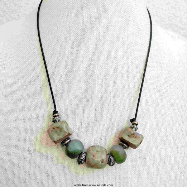 Rustic Green Ceramic, Resin & Glass Bead Necklace on Cord
