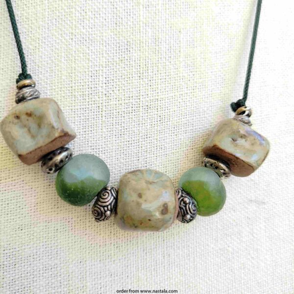 Rustic Green Ceramic, Resin & Glass Bead Necklace on Cord - Image 4