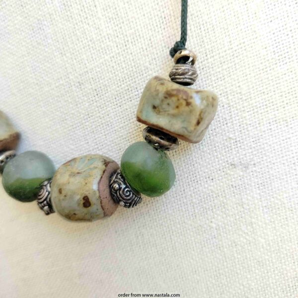 Rustic Green Ceramic, Resin & Glass Bead Necklace on Cord - Image 3