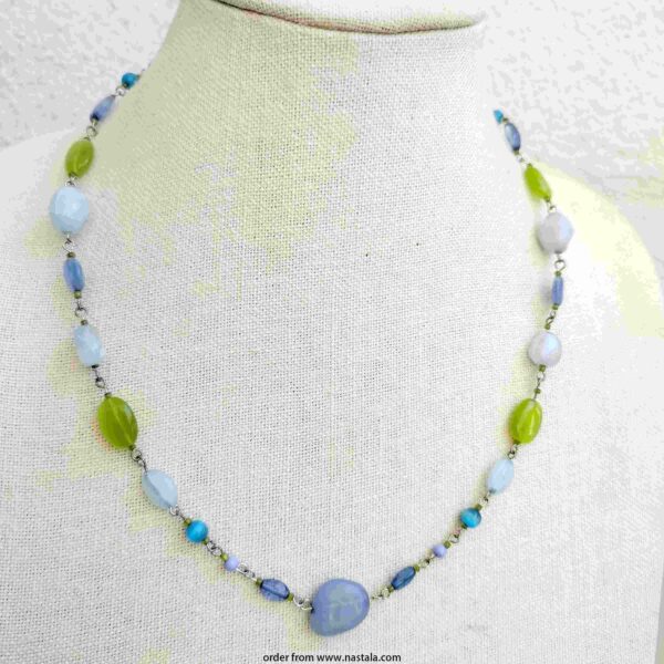 Blue and Green Mixed Bead Necklace – Handmade Boho Style