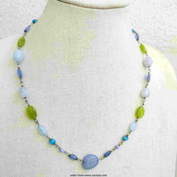 Blue and Green Mixed Bead Necklace – Handmade Boho Style