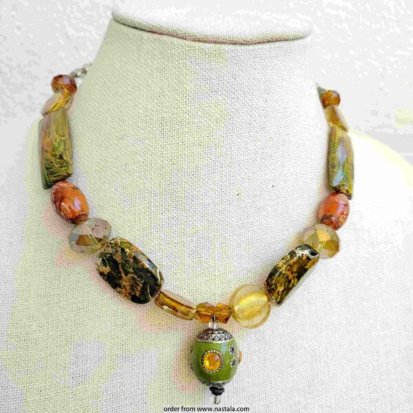 Earth-Toned Chunky Statement Necklace with Green Pendant – Bold Artisan Jewelry